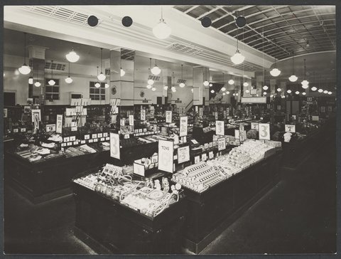 Interior of Buckley's store showing counters with a variety of products and prices prominently displayed in Melbourne Coles Variety Store No. 4, 1934