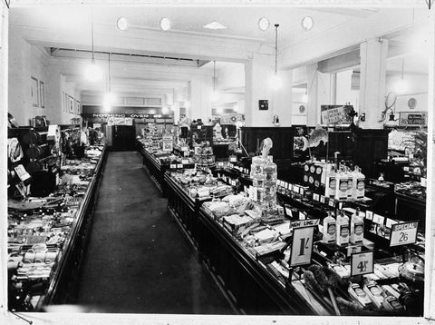 Panelled counters displaying hardware and gardening products at Prahran Coles Variety Store No. 2, 1930–35