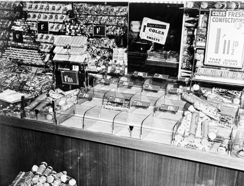 Confectionery counter with prices tickets prominently displayed at Coles Box Hill Store No. 44, 1945–54
