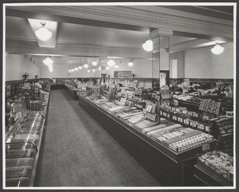 Interior of store showing counters with toiletries and confectionery in Richmond Coles Variety Store No. 9, 1947
