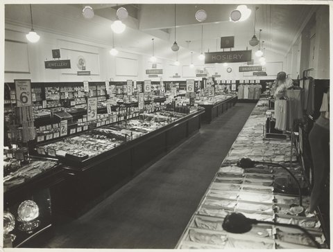 Interior of Coles store with counters and merchandise priced from 3d. Preston Store No. 20, 1930–40