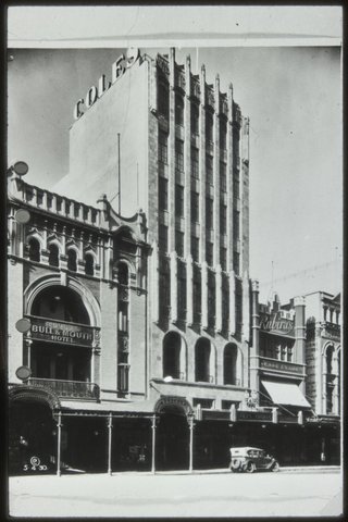 Lever's Bull & Mouth Hotel and adjacent multi-story Coles store in Bourke Street Melbourne, 1930s