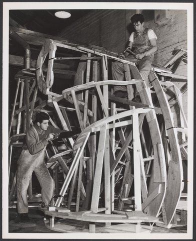 Men working on the construction of the Christmas Facade of Coles Bourke Street Store No. 12, 1954