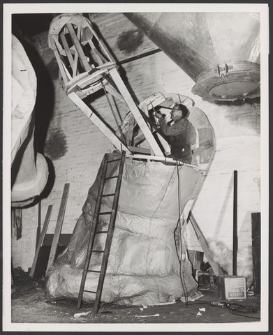 Men working on the construction of the Christmas Facade of Coles Bourke Street Store No. 12, 1954