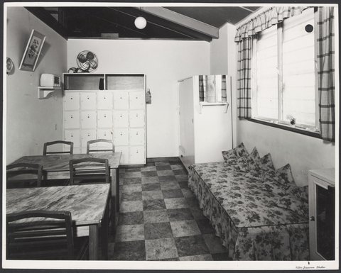 Staff tearoom dining tables lockers and settee Mentone Store No. 182, 1953