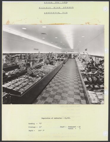 Interior showing tables of merchandise High Street Ashburton Store No. 183, 1950s