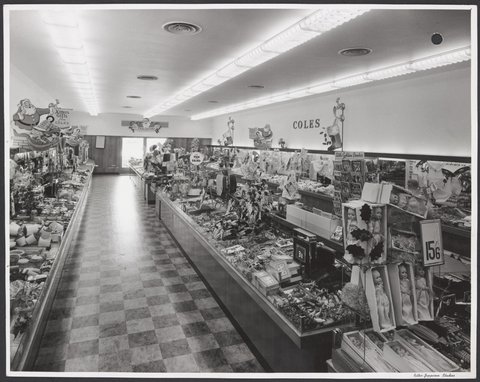 Interior merchandise with dolls and Little Golden Books and Christmas decorations Mentone Store No. 181, 1953