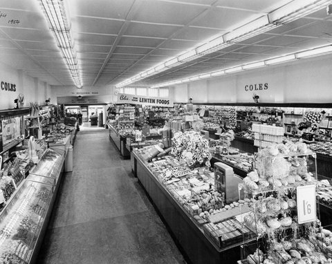 Elevated view of rows of counters displaying Easter eggs and sign advertising Lenten Food Coles Box Hill Store No. 44, 1954