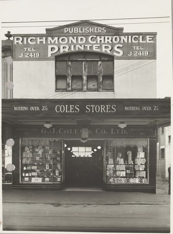 Front exterior of Coles Swan Street store Richmond Store No. 19, 1930–35