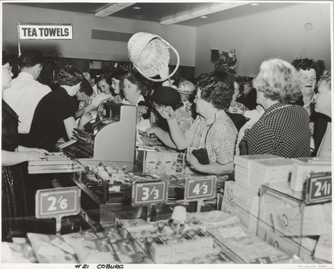 Interior of Coles store with women crowding to be served probably at sale time Coburg Store No. 21, 1948–51