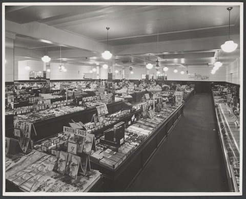 Interior of store showing counters displaying stationery goods in foreground at old store Sydney Road Brunswick Store No. 3, 1947