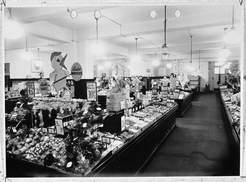 Interior of store showing counters displaying goods for Easter at Prahran Coles Variety Store No. 2, 1930–35