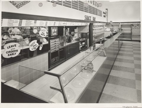 Coles cafeteria with long service counter and signage for hot soups pies and pasties Coburg Store. No. 21, 1947