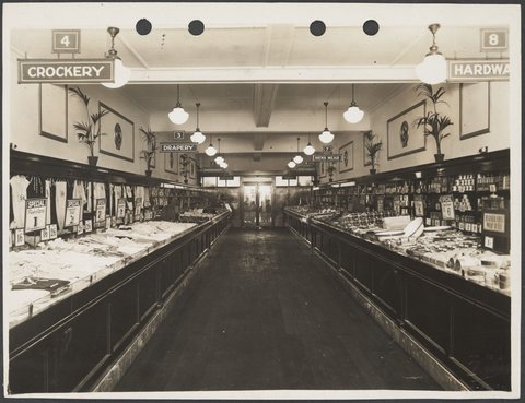 Wood panelled counters and decorated walls in Prahran Coles Variety Store No. 2, 1932