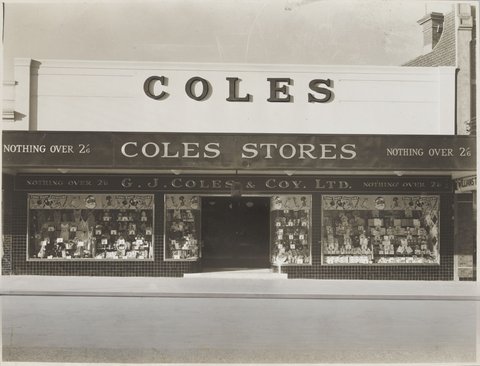 Front exterior of Coles store with signage 'Nothing over 2/6' Williamstown Store No. 73, 1930s