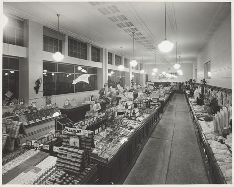 Interior of Coles store Hawthorn including a display of Palmolive soap containing olive oil for 4d at Glenferrie Store No. 17, 1947