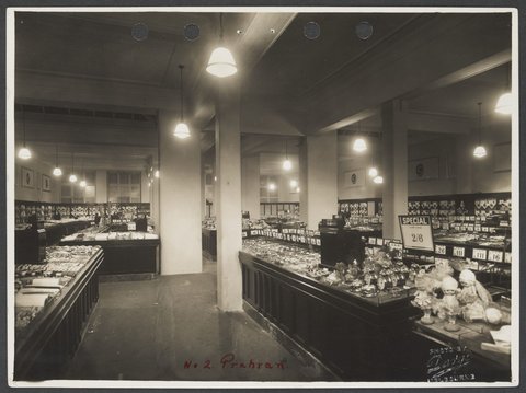 Counters displaying variety of goods with prices prominently displayed at Prahran Coles Variety Store No. 2, 1930–35