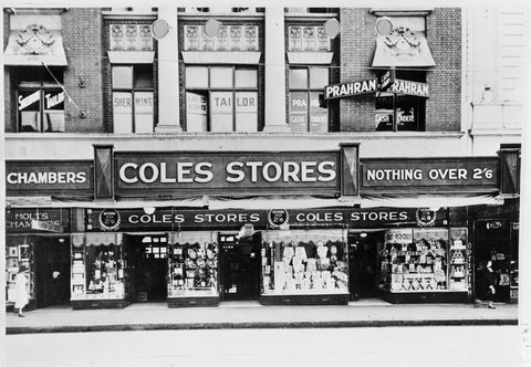 Exterior of Coles Variety Store with signs reading G.J. Coles & Co. Ltd. Nothing over 2/6 at Prahran Store No. 2, 1932