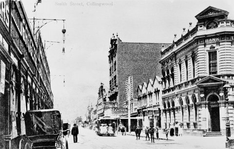 Smith Street, Collingwood, includes businesses, horse-drawn vehicles, cable car and pedestrians, 1906–14