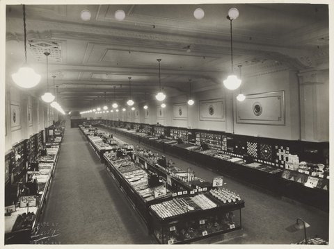 Interior tables of merchandise on display in Bourke Street Store No. 12, 1930