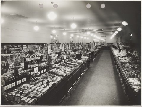 Interior of Coles store with merchandise priced from 2d at Northcote Store No. 16, 1940