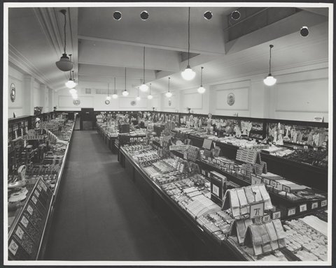 Interior of Coles Store at 463a High Street Preston showing counters of merchandise including Softasilk hand cream for 1/2 Store No. 20, 1947