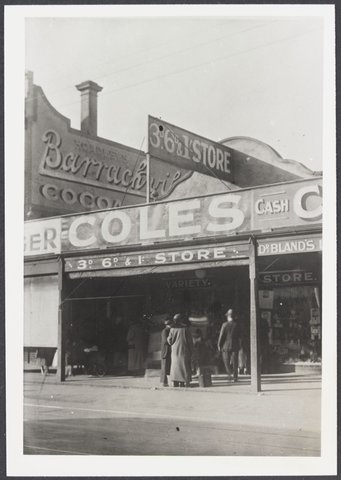 Copy photograph (original picture taken 1914) Smith Street, Collingwood shopfront with verandah and people on footpath, Store No. 1