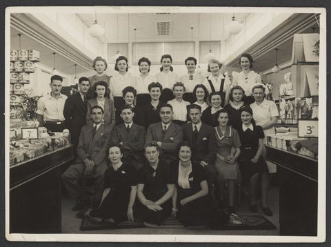 Group portrait of staff inside Coles Variety Store Burwood Store No. 56, 1930–40