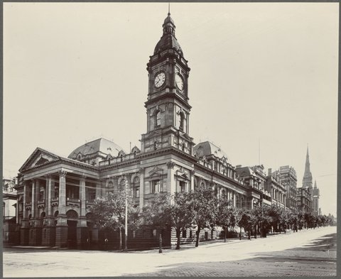 THE TOWN HALL, CORNER OF COLLINS AND SWANSTON STREETS. (Towers of Scotch and Independent Churches in distance.), 1901