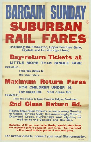 Bargain Sunday suburban rail fares (including the Frankston - Upper Ferntree Gully - Lilydale and Hurstbridge lines), 1935–42