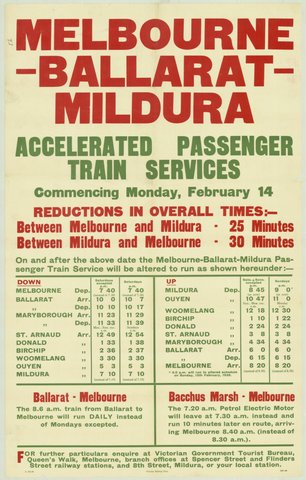 Melbourne - Ballarat - Mildura - accelerated passenger train services commencing Monday February 14, 1935–42