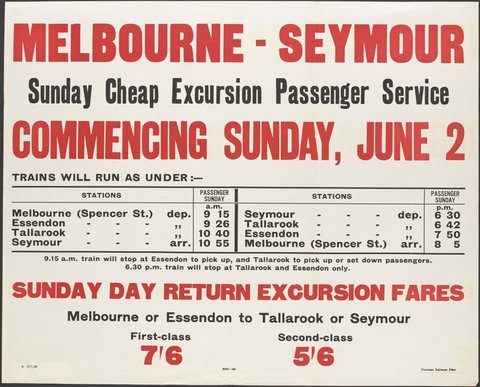 Melbourne - Seymour Sunday cheap excursion passenger service commencing Sunday June 2, 1935–42