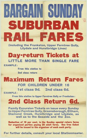 Bargain Sunday suburban rail fares (including the Frankston - Upper Ferntree Gully - Lilydale and Hurstbridge lines), 1935–42
