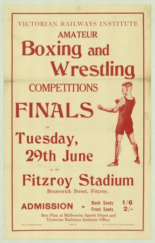 Victorian Railways Institute amateur boxing and wrestling competitions finals on Tuesday 29th June in the Fitzroy Stadium, 1935–42