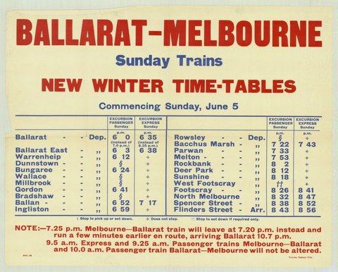 Ballarat-Melbourne Sunday trains - new winter timetables - commencing Sunday June 5, 1935–42