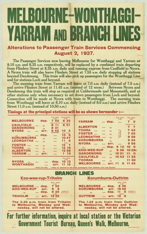 Melbourne-Wonthaggi-Yarram and branch lines - alterations to passenger train services commencing August 2 1937, 1935–42