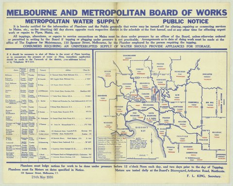 Melbourne and Metropolitan Board of Works - Metropolitan water supply public notice, 1938