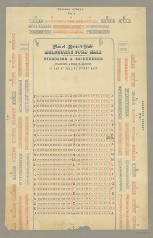 Plan of Reserved Seats Melbourne Town Hall, 1880–90