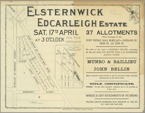 Elsternwick Edcarleigh Estate [Auction notice], 1886