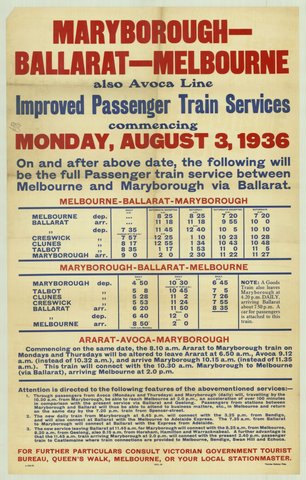 Maryborough-Ballarat-Melbourne also Avoca line - improved passenger train services commencing Monday August 3 1936, 1935–42