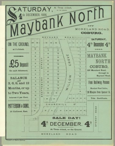 Auction notice for Maybank North off Moreland Road Coburg, 1886