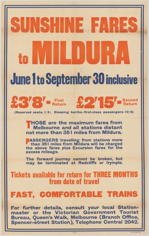 Sunshine fares to Mildura - June 1 to September 30 inclusive, 1935–42