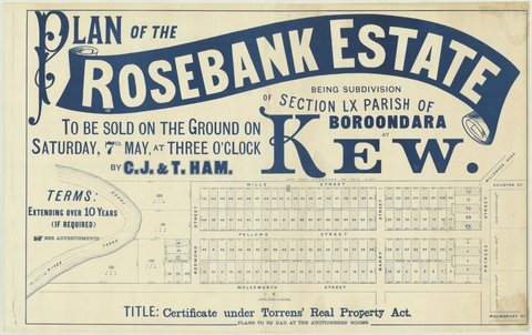 Plan of the Rosebank Estate being subdivision of Section LX Parish of Boroondara at Kew, 1887