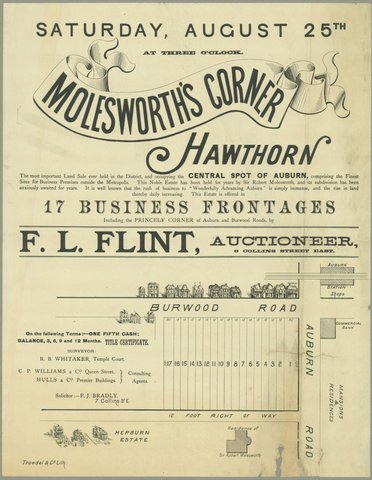 Molesworth Corner Hawthorn [Auction notice], 1880–90