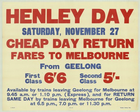 Henley Day - Saturday November 27 - cheap day return fares to Melbourne from Geelong, 1935–42