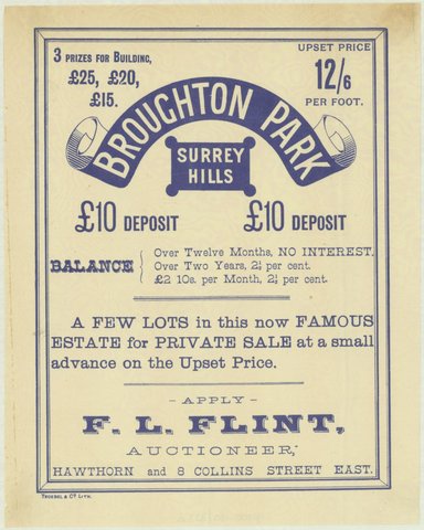 Broughton Park, Surrey Hills [Land sale notice], 1880–90