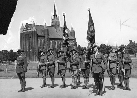 Melbourne University Rifles gather for King's and Regimental Colour, 1936–38