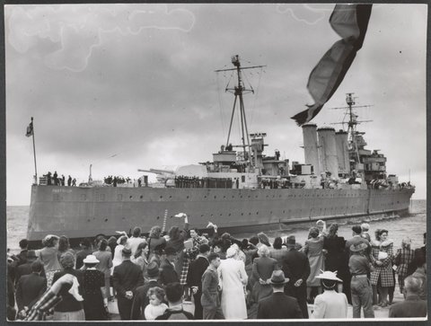H.M.A.S. Australia leaving Station Pier in Port Melbourne, c. 1946