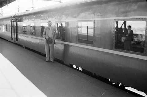 Victorian Railways country train at platform in station, Melbourne, Victoria, 1953