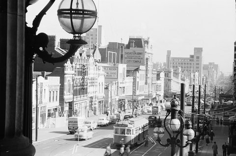 Bourke Street, view from Spring Street to Spencer Street,, Melbourne, 1954